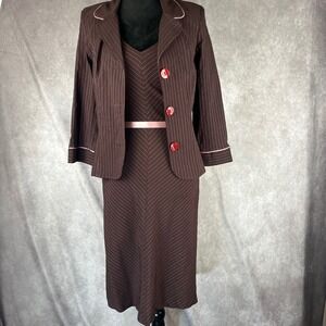 Vtg Y2K 2 Piece Pinstripe Dress Suit Set S/M Brown‎ Pink Ribbon 50s Blazer Dress